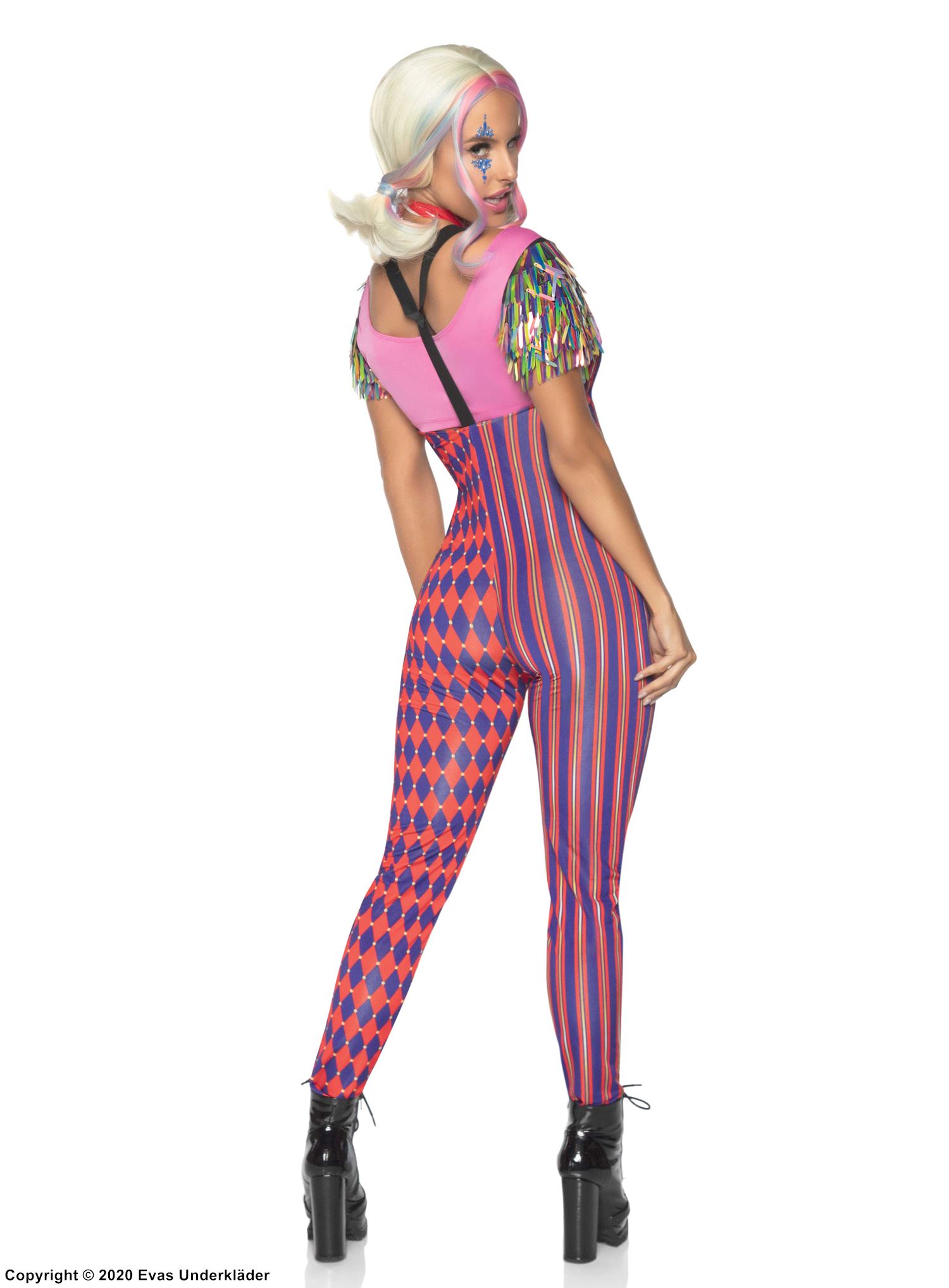 Female harlequin, costume jumpsuit, front zipper, suspenders